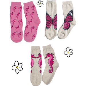 Nature Planet -kindersokken - set van 3 roze sokken - flamingo - vlinder - zeepaardje (100% Oeko-tex gecertificeerd) maat 19-22