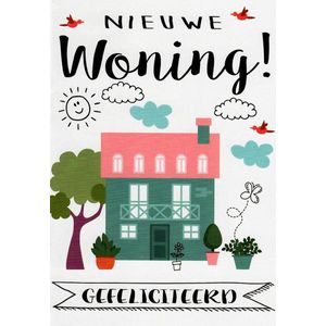 Een nieuwe woning! Van harte gefeliciteerd! Een kleurrijke kaart met een zonnetje, wolken, vogels, bomen en planten om het huis heen. Leuk zo te geven of om bij een cadeau te voegen. Een dubbele wenskaart inclusief envelop en in folie verpakt.