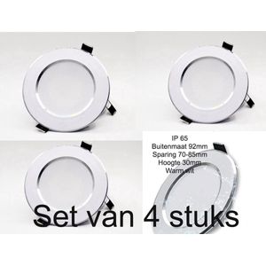 Set van 4 stuks badkamerlamp waterdichte inbouwspot. Led paneel geschikt voor de badkamer of buiten. Sparing 70-85 mm. Buitenmaat 92 mm. Hoogte IP 65 spot is 30 mm. Lichtkleur van deze badkamerlamp is cool wit.