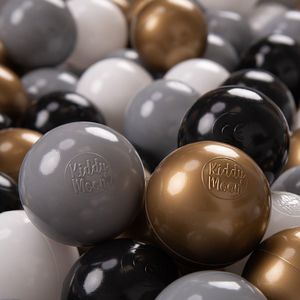 KiddyMoon Ballenbak ballen voor Kinderen Ø7 cm met 100 Stuks - Kinderballen baby - Speelballen voor Ballenbad - BPA-vrij - Ballenbak ballen - Kleurrijke ballen - Baby Speelgoed - Wit Grijs Zwart Goud