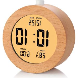 Mrs. Jones Houten digitale wekker voor slaapkamers - batterij aangedreven wekker met sluimeren en nachtlampje - elektronische LCD-bureauklok weergavetijd datum temperatuur 12/24 uur - houten .