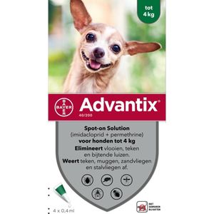 Advantix Spot On 40 Anti Vlooien en Teken Druppels Hond tot 4 kg 4 pipetten