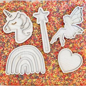 Houten magische vulvormen set - Elf, eenhoorn, regenboog, toverstaf - Speelrijst vorm - Sensory, sensorisch speelgoed speelframe, Montessori open-ended, vultray, speelbak speelvorm