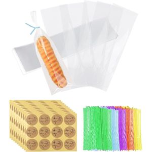 200 stuks cellofaanzakjes met 200 bindtouwen, 10 stickeretiketten | Transparante snoepzakjes voor verjaardagsfeesten, geschenken, Pasen