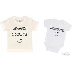 2-pack - T-shirt ""Oudste""- Grote broer/zus T-shirt - (maat 110/116) & Soft Touch Romper ""Jongste"" Wit/zwart maat 56/62 â€“ set van 2