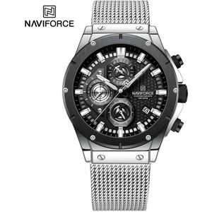 NAVIFORCE horloge voor mannen, met zilveren metalen polsband, grijze en zwarte horlogekast en grijze + wijzerplaat met in het donker oplichtende wijzers ( model 8027S SB ), verpakt in een mooie geschenkdoos