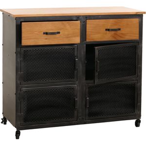 Ladekast MCW-N28, kast, wielen 2 laden, 3D structuur industrieel retro metaal hout 90x100x40cm ~ zwart, naturel