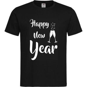 T-shirt Unisex Volwassenen Gelukkig Nieuw Jaar Grappig Tekst ""Happy New Year"" Op Voorkant | korte mouw | Zwart/Wit | maat XL