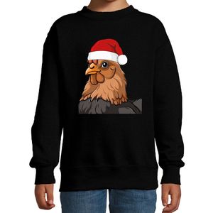 Bellatio Decorations Kersttrui / sweater boerderijdieren - kinderen - Kip - zwart - kerstmuts - Kerstmis 98/104