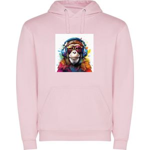 Zacht Roze unisex hoodie met “ Kleurrijke Aap met koptelefoon“ Print Full Color merk Roly maat S