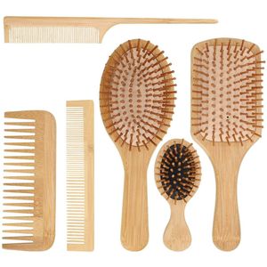 QTTVBTNA Bamboe haarkamset – Natuurlijke, Milieuvriendelijke Haarverzorging – Anti-Frizz, Hoofdmassage, Voor Dun, Lang en Krullend Haar – Voor Vrouwen, Mannen en Kinderen - 6 stuks