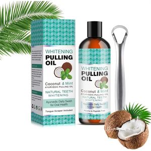 Oil Pulling Mondspoeling - Whitening Mondwater – Oil pulling - Kokos en Munt – Met Tongschraper – Natuurlijke Mondverzorging met Aloe Vera – Voor Witte Tanden en Frisse Adem – Hypoallergeen – Reisset voor Thuis en Reizen