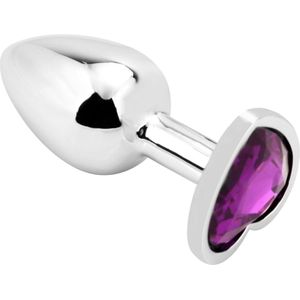 PLGZ - Hartvormige Metalen Buttplug - Zilver - Paarse Siersteen - Verkrijgbaar in 3 maten Large
