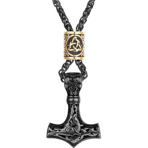 Zwarte/Zilveren Halsketting met Thor's Hamer en Keltische Knoop voor Heren