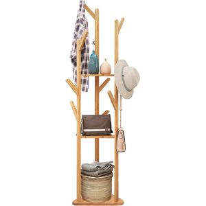 Bamboeboomvormige kledingstandaard met 8 haken / 3 planken staande kapstok voor gang, kantoor, slaapkamer en wachtkamer voor kleding, hoeden en tassen.