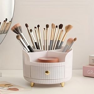 1 bureau 360 graden draaibare cosmetische opbergdoos met lade, geschikt voor wenkbrauwpotlood, wenkbrauwborstel, lippenstift, kunststof wit