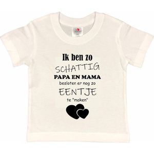 Shirt Aankondiging zwangerschap Ik ben zo schattig papa en mama besloten er nog zo eentje te ""maken"" | korte mouw | wit/zwart | maat 122/128 zwangerschap aankondiging bekendmaking