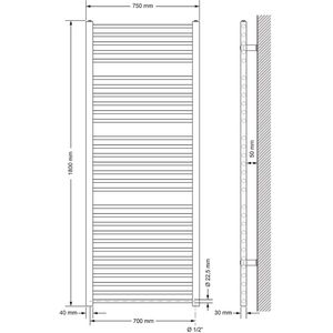 Badkamerradiator Elektrisch met verwarmingselement 900W 750x1800 mm antraciet recht met zijaansluiting