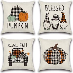 4 stuks dwerge kussenslopen 45 x 45 cm, buffelgeruit, bedankt blessed kussensloop, pompoen, vrachtwagen, sierkussen, kussensloop, bankkussen, valkussen voor bank, auto, slaapkamer