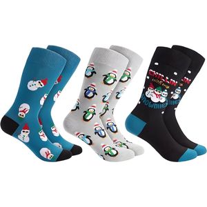 BRUBAKER 3 paar kerstsokken - grappige sokken met kerstmotieven - katoen - heren en dames cadeau Kerstmis - uniseks katoenen sokken in eenheidsmaat maten, Pinguïns, sneeuwpoppen - EU 35-40
