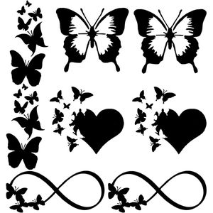Vlinder autosticker set van 8 reflecterend vinyl - Oneindigheid, hart, liefde, vlindervleugels - Geschikt voor SUV, vrachtwagen, motorfiets, deuren, muren