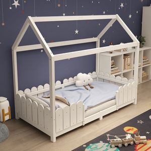 Gutent Kinderbed, Wit (Zonder matras) , 90x200 cm, Multifunctioneel Houten kinderbed voor jongens en meisjes, huisstijl, met valbeveiliging en lattenbodem