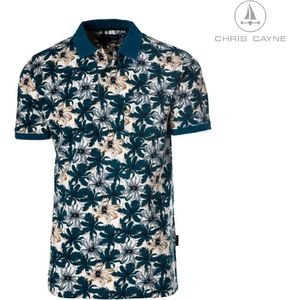 Chris Cayne heren poloshirt - polo heren - 3100 - petrol print - bloem - blad - korte mouwen - maat M
