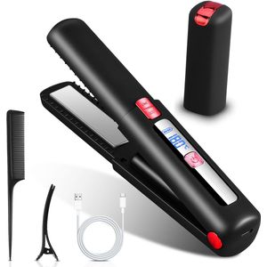 JVJH Mini-reisstijltang draadloze stijltang 2-in-1-stijltang krullen & steilen 160℃-220℃ keramische coating, nat en droog gebruik, 7 temperatuurstanden, met hitteschild veiligheidsschakelaar LCD-display