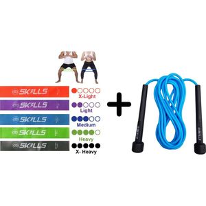 Thuis sporten - db SKILLS Weerstandsbanden set 5 stuks + Springtouw blauw - Fitnesspakket - fitness set - sport set - Voor 15:00 uur besteld, dezelfde dag verzonden
