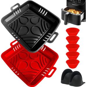 22 cm siliconen vorm voor heteluchtfriteuse, XXL airfryer, siliconen bakvormen, airfryer, siliconen pan met twee ovenhandschoenen, moffinformatie, siliconen inzetstuk, bakvorm accessoires