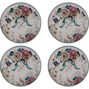 HAES DECO - Ontbijtborden set van 4 - Formaat Ø 20x2 cm - kleuren Wit - Bedrukt Porselein - Collectie: Pioenroos - Servies, kleine borden