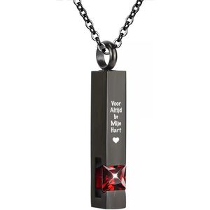 Luxe Ashanger | Met Ketting En Gravering | Voor Altijd In Mijn Hart | Assieraad | Zwart Met Rode Steen | As Ketting | Gedenksieraad | Urn | Incl. As vuller