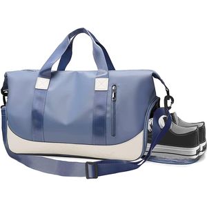 Sporttas, reistas voor dames en heren, lichte trainingstas, handbagage, weekendtas met schoenenvak en aparte natte en droge tas met trolley-hoes, zwemtas voor meisjes, blauw