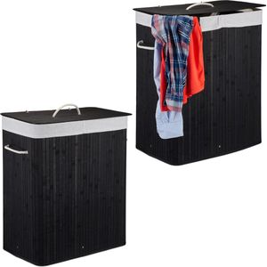 Relaxdays 2x wasmand 2 vakken - bamboe wasbox zwart - 95 liter - opvouwbaar - met deksel