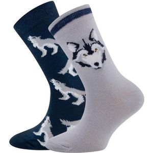 Dubbelpak Kindersokken Grijs en Blauw met Wolven - 23/26