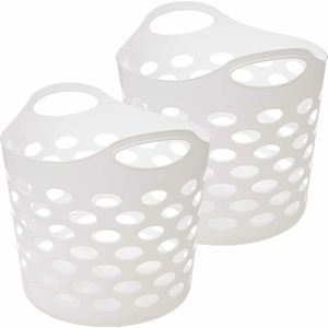 5Five Flexibele wasmand/opbergmand - 2x - rond - wit - 28 liter - D39 x H54 cm