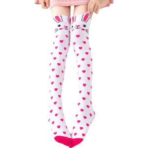 Kniekousen - 1 paar kniekousen meisjes konijn roze-wit hartjes - lange sokken - 6-12 jaar - 100% elastisch katoen - cadeau meisjes - dierenprint