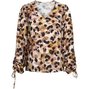 &Co woman - Marbelle - Dames Shirt - Beige Multi - V-hals - Lange Pofmouwen