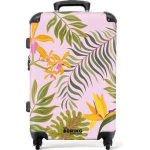 NoBoringSuitcases.com® - Koffer groot - Rolkoffer lichtgewicht - Roze met kleurrijke bladeren - Reiskoffer met 4 wielen - Grote trolley XL - 20 kg bagage