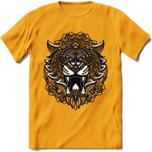 Tijger - Dieren Mandala T-Shirt | Donkerblauw | Grappig Verjaardag Zentangle Dierenkop Cadeau Shirt | Dames - Heren - Unisex | Wildlife Tshirt Kleding Kado | - Geel - XXL