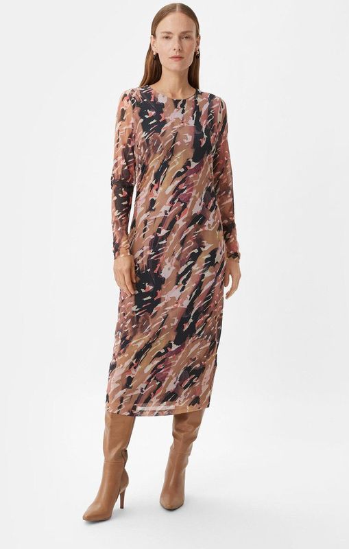 COMMA - Jurk - Cappuccino - 7/8 Lengte - Lange Mouw - Normale Pasvorm