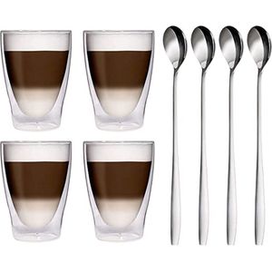 Dubbelwandige latte macchiato-glazen, koffieglas, theeglazen - mokkakopjes , Koffiekopjes , espressokopjes - kopjes - Cappuccino kopjes (4 x 280 ml) + 4 x spoon,