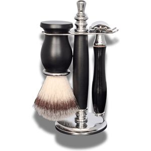 Old Barbers - Luxe 3 delige Scheerset - Zwart - Houder/Scheerkwast/Classic Scheermes
