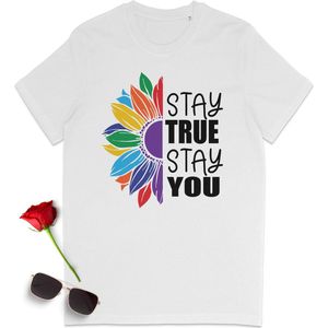 Stay True Stay You T-Shirt - Regenboog Zonnebloem print tshirt - Gay Pride t shirt - t shirt mannen - tshirt vrouwen -  tshirt voor dames en heren - Unisex maten: S M L XL XXL XXXL - T shirt kleur: Wit.