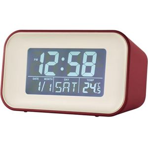 Rode wekker met binnentemperatuur en kalenderweergave