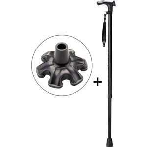 Wandelstok Zwart Rechts met anatomisch comfort handvat en polsbandje - Loopstok - Verstelbaar 75 - 97 cm - Lichtgewicht - Incl. 6-poot stokdop