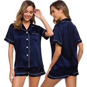 Satijnen Pyjama Vrouwen Met Borstzakje I Nachtkleding I Sexy Ondergoed I 2-Delig Top & Shorts I Top & Broekje I Blauw I Maat M