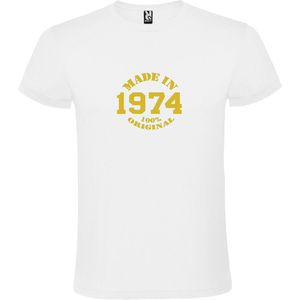 Wit T-Shirt met “Made in 1974 / 100% Original “ Afbeelding Goud Size S