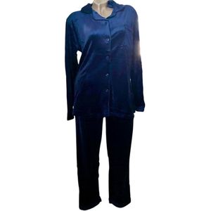 Dames Velours Pyjama met Doorknoop en Kraag Maat-XXL Donkerblauw