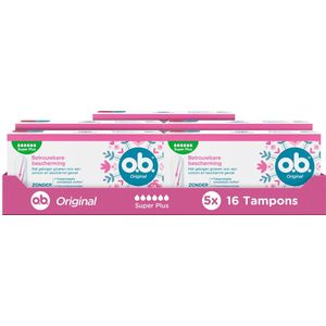o.b. Original Super Plus tampons voor zeer zware menstruatiedagen, met StayDry- technologie en gebogen groeven, voor betrouwbare bescherming en een schoon gevoel, 5x16 stuks